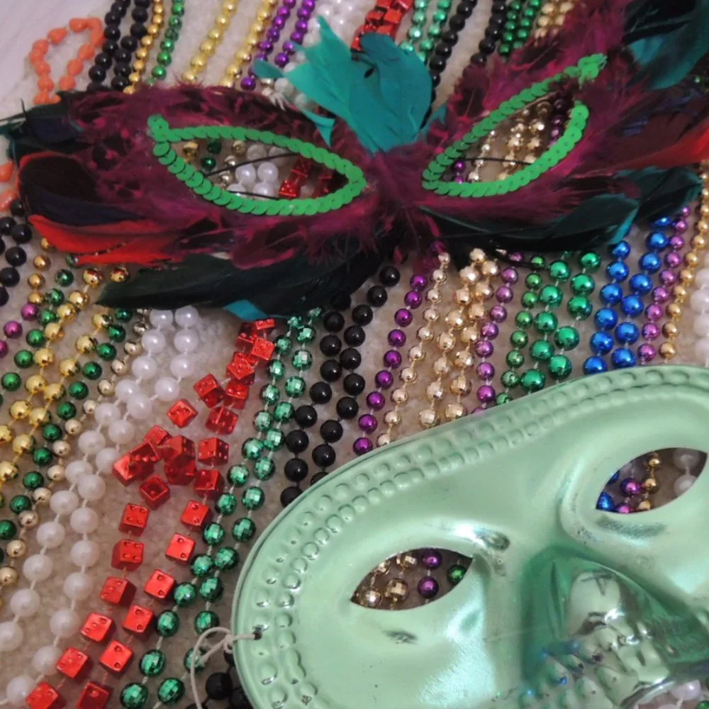Mardi Gras Masks Beads LOT 24 Necklaces + 2 Bourbon Street Party Masks NEW